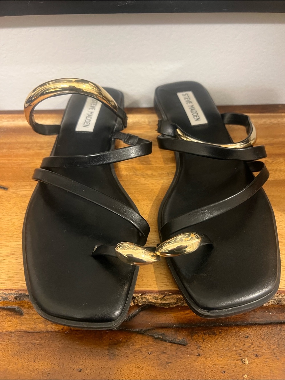 Steve Madden Black Leather Sandals with Gold Hardware